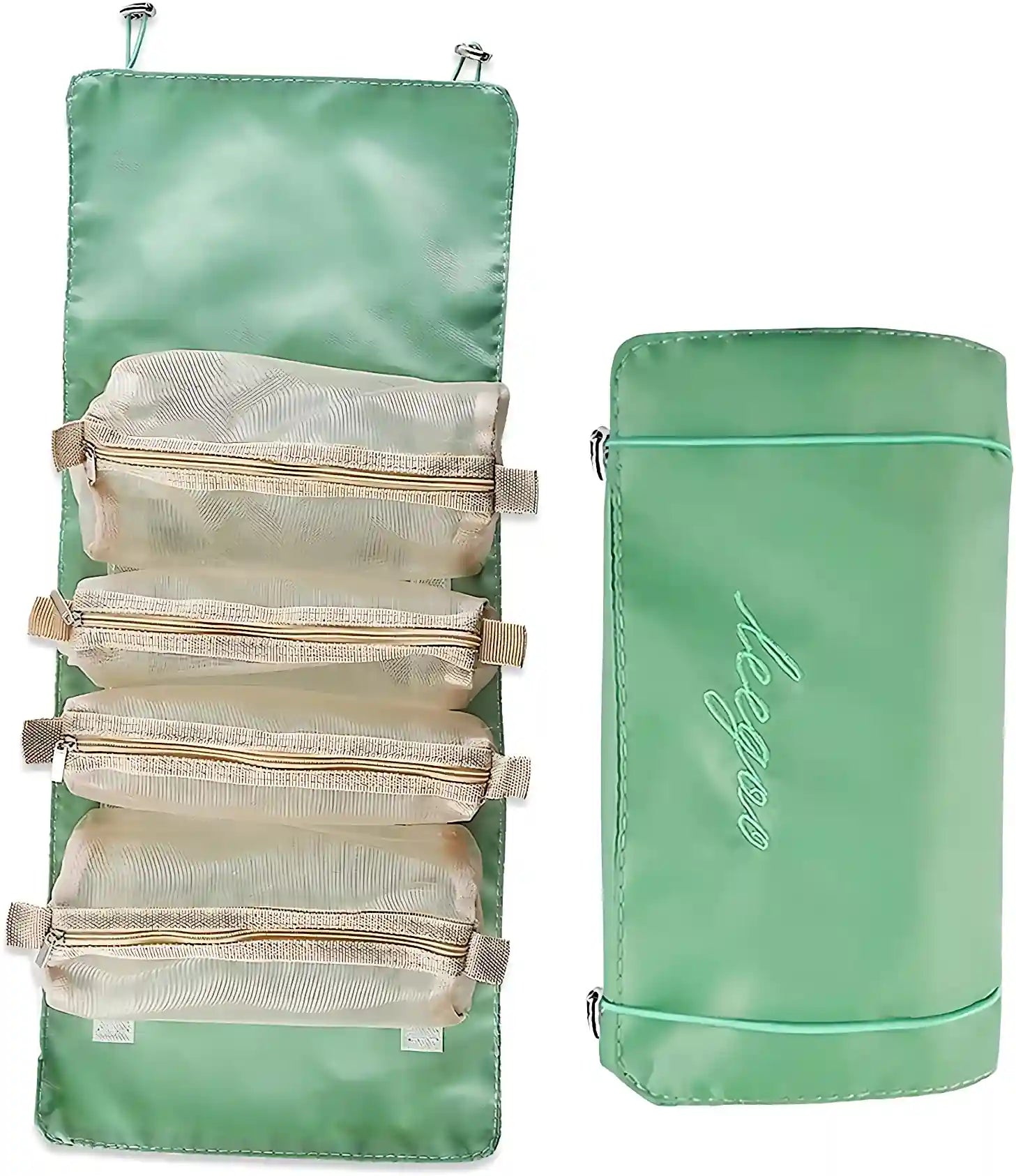 KPM WORLD™ 4-in-1 hanging roll-up makeup organizer bag with detachable transparent mesh compartments for cosmetics and travel essentials.