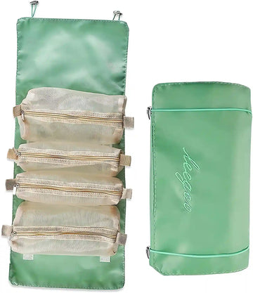 KPM WORLD™ 4-in-1 hanging roll-up makeup organizer bag with detachable transparent mesh compartments for cosmetics and travel essentials.