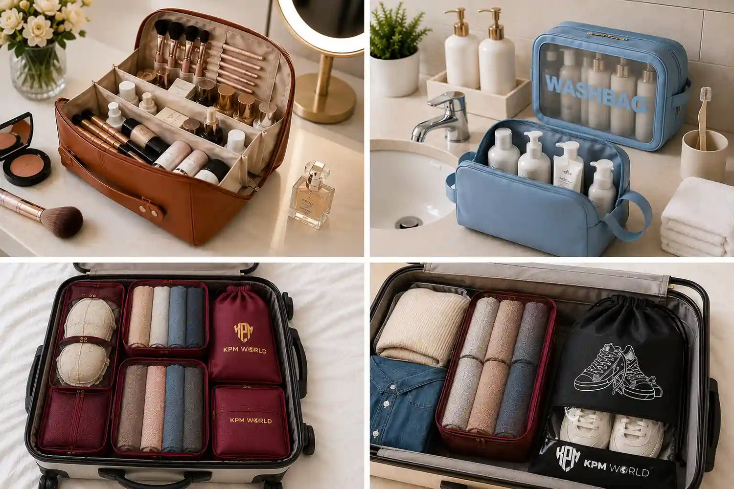 After using KPM WORLD™ premium organizers displaying neatly arranged cosmetics, toiletries, luggage organizers, and travel storage solutions.