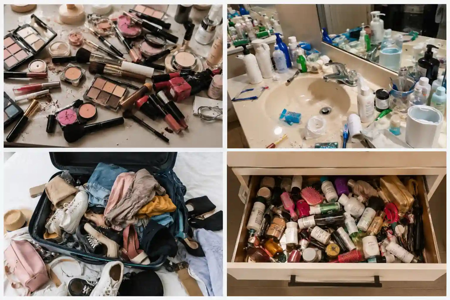 Before using KPM WORLD™ organizers showing messy cosmetics, bathroom essentials, luggage, and storage drawers with cluttered everyday items.