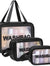 KPM WORLD™ premium black 3-piece travel wash bag set with transparent front panels, including large, medium, and small organizers for toiletries and cosmetics.