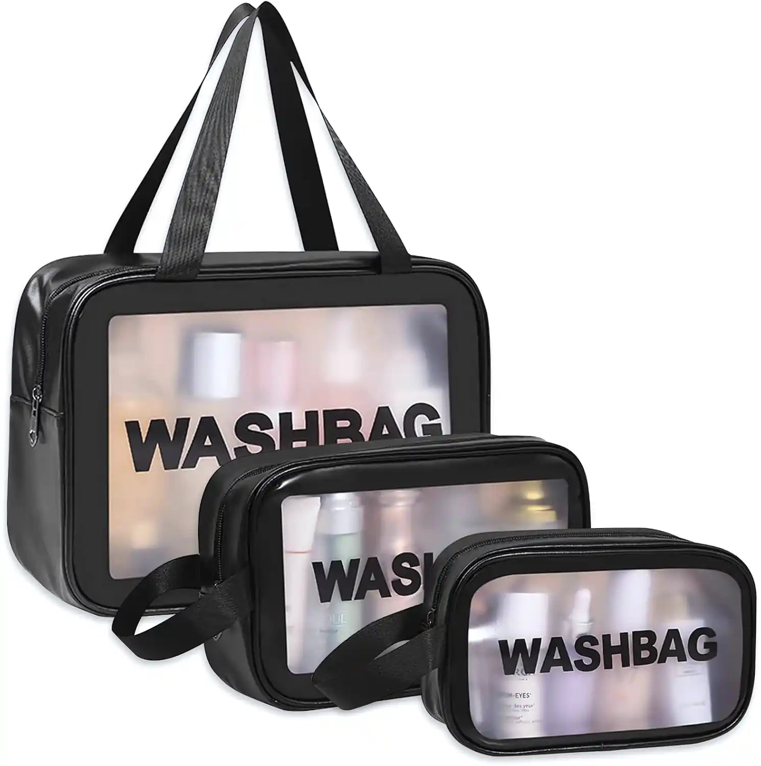 KPM WORLD™ premium black 3-piece travel wash bag set with transparent front panels, including large, medium, and small organizers for toiletries and cosmetics.