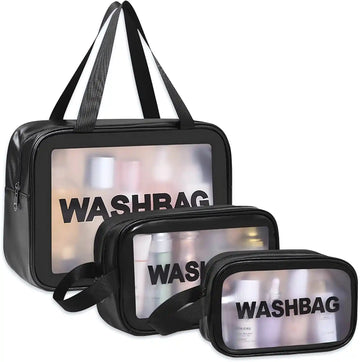 KPM WORLD™ premium black 3-piece travel wash bag set with transparent front panels, including large, medium, and small organizers for toiletries and cosmetics.
