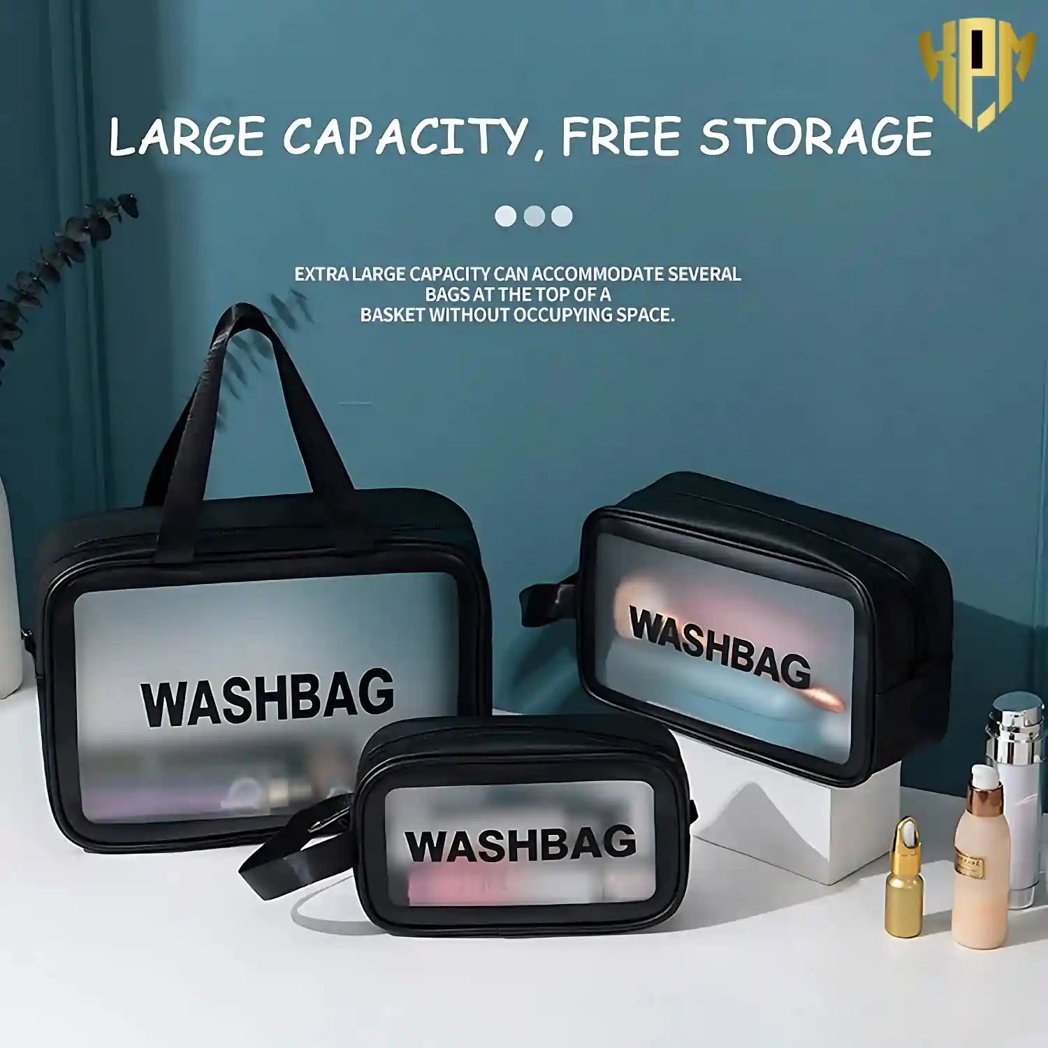 KPM WORLD™ large-capacity black travel organizer set with three waterproof cosmetic bags for efficient storage of toiletries and travel essentials.