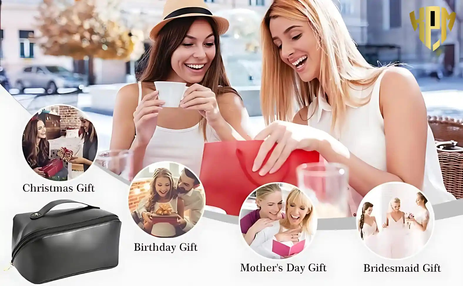 KPM WORLD™ premium black leather cosmetic bag, an elegant gift for birthdays, Christmas, Mother's Day, bridesmaids, travel lovers, and special occasions.