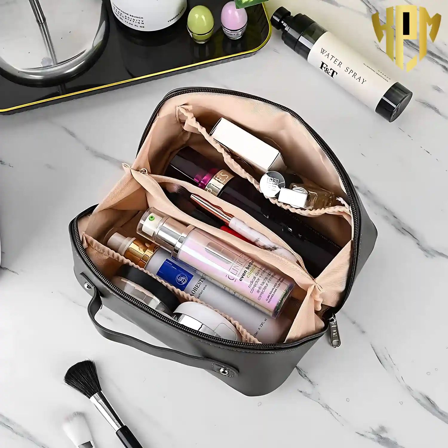 Premium Waterproof Leather Cosmetic Bag | Black