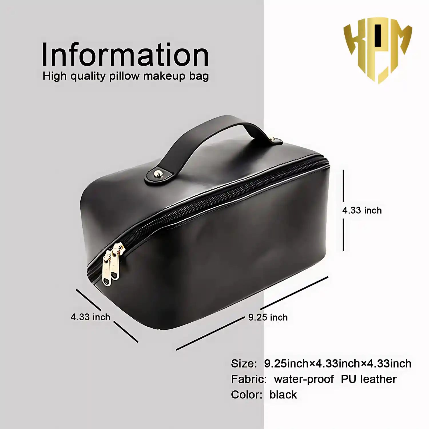 KPM WORLD™ premium black leather cosmetic bag with dimensions 9.25 × 4.33 × 4.33 inches, waterproof PU leather, portable top handle, and spacious travel-friendly design.