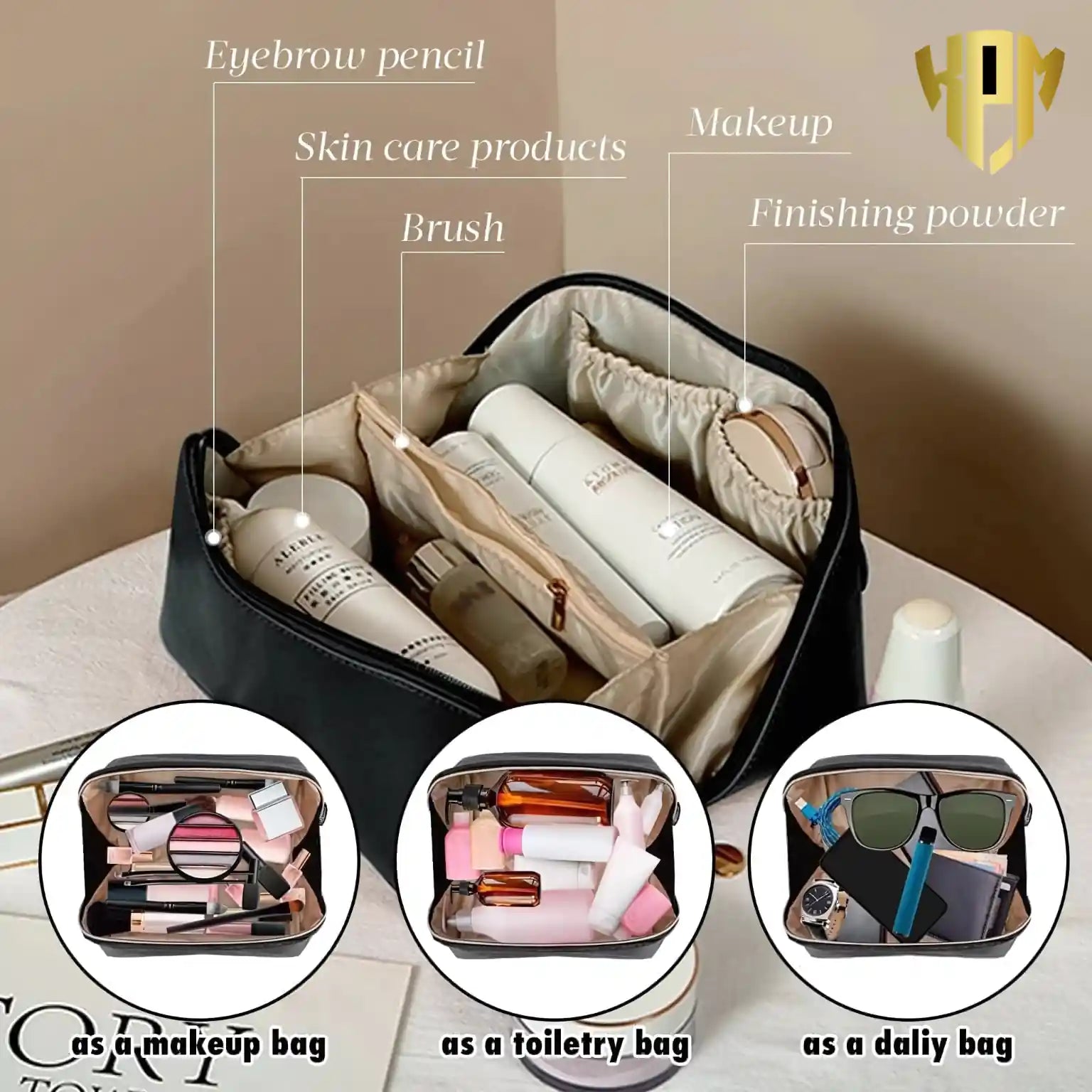 KPM WORLD™ premium black leather makeup organizer with multiple compartments, suitable as a makeup bag, toiletry bag, and everyday travel organizer.