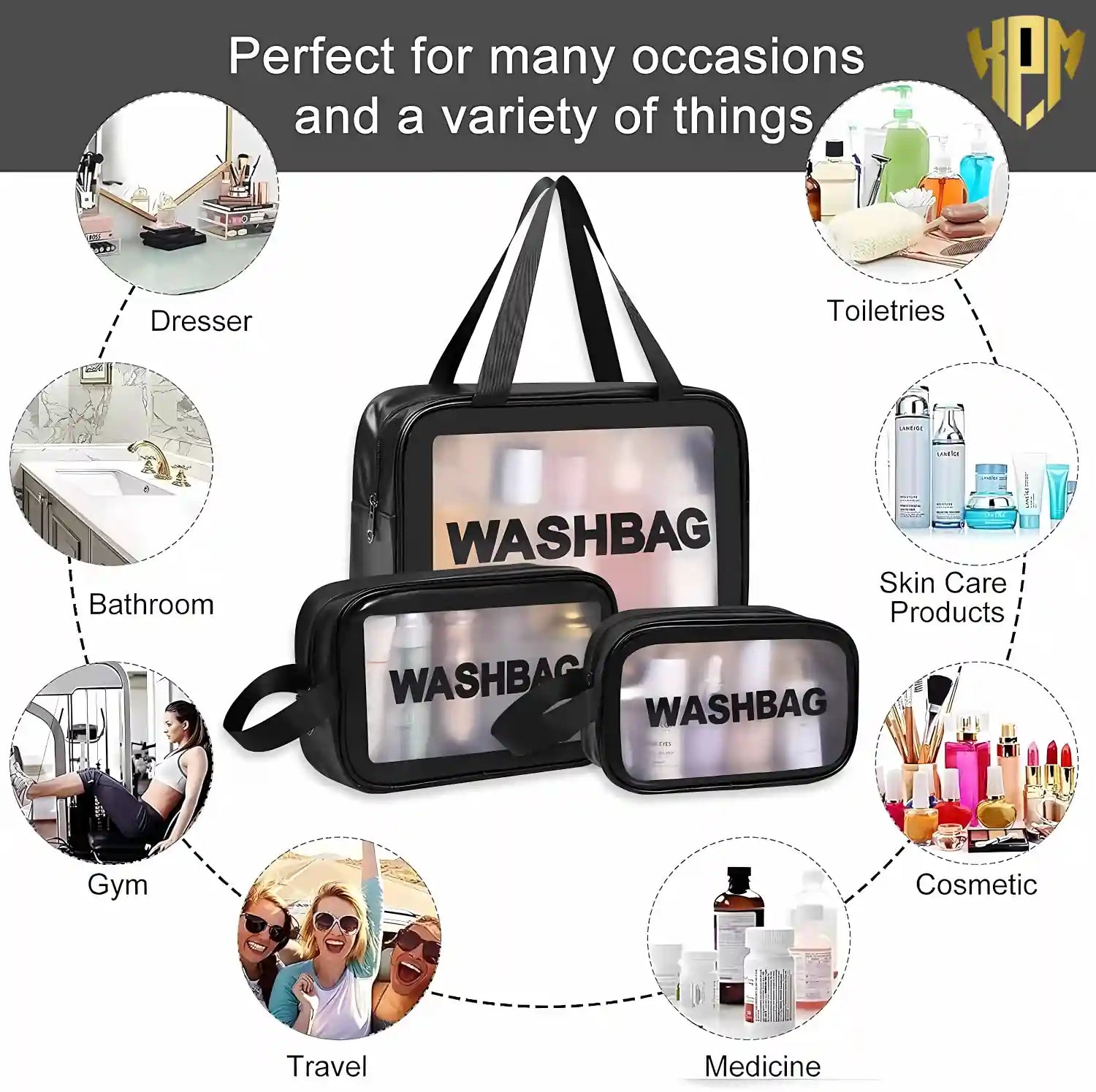 KPM WORLD™ premium black wash bag set suitable for cosmetics, skincare, toiletries, medicines, gym accessories, bathroom essentials, and travel organization.