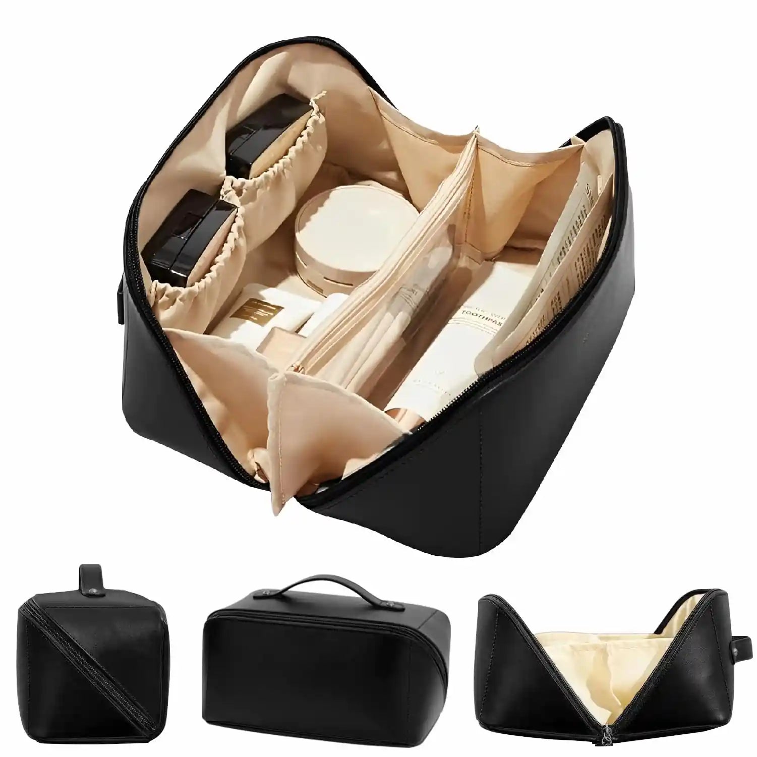KPM WORLD™ premium black leather cosmetic bag with spacious compartment, organized interior pockets, brush holder, zipper pocket, and portable top handle for makeup and toiletries.