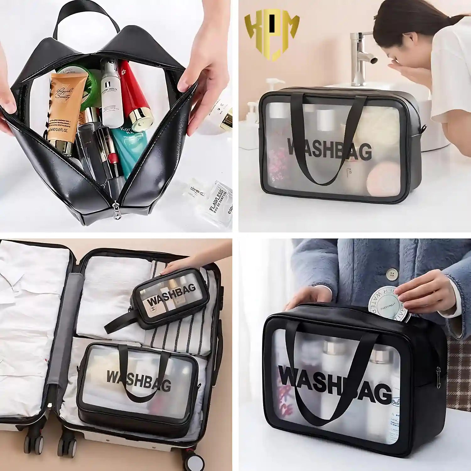 KPM WORLD™ black travel wash bag set used for organizing toiletries, skincare products, cosmetics, and luggage during business trips and vacations.