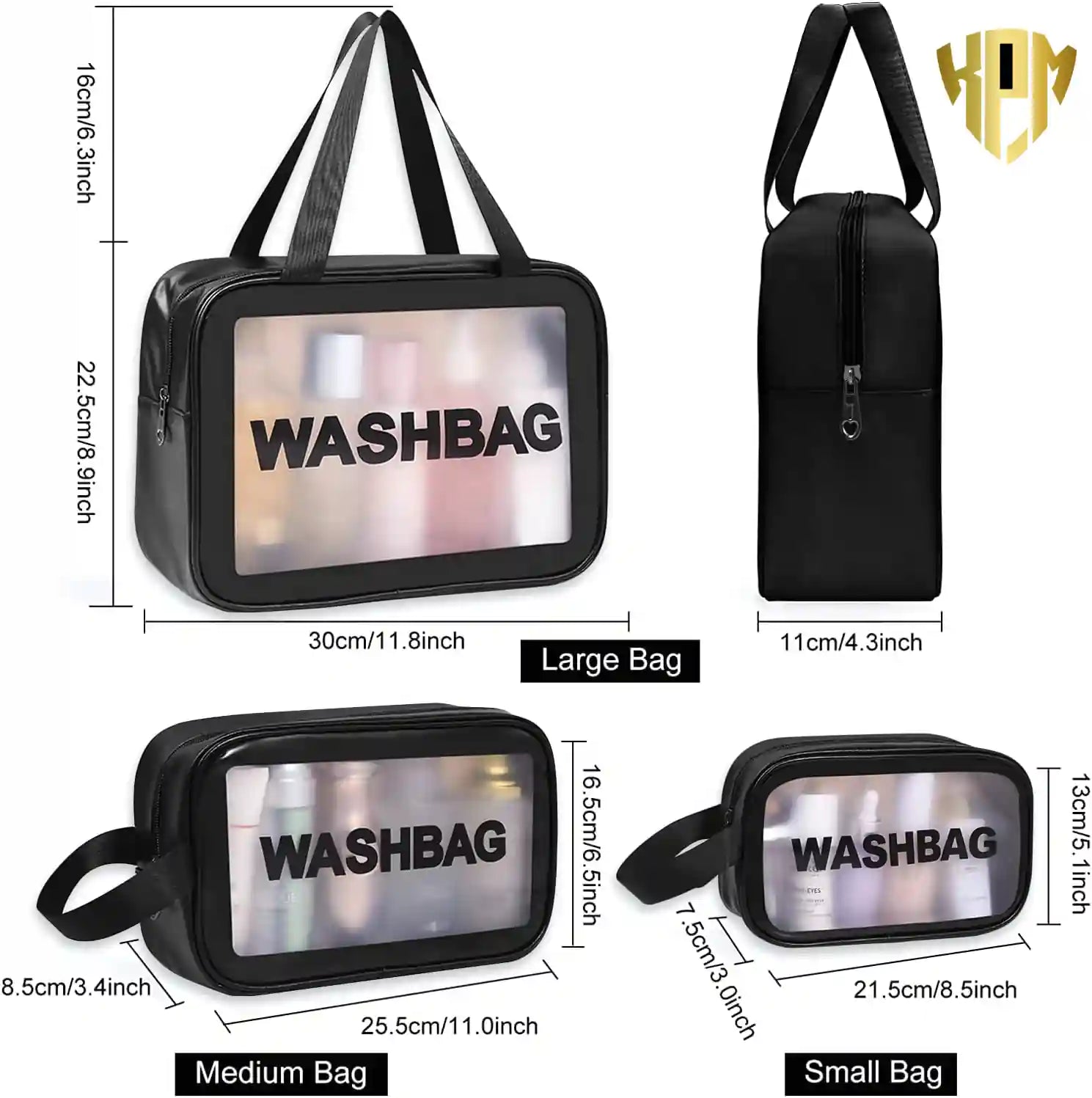 KPM WORLD™ black 3-piece waterproof travel wash bag set with detailed dimensions for large, medium, and small organizer bags.