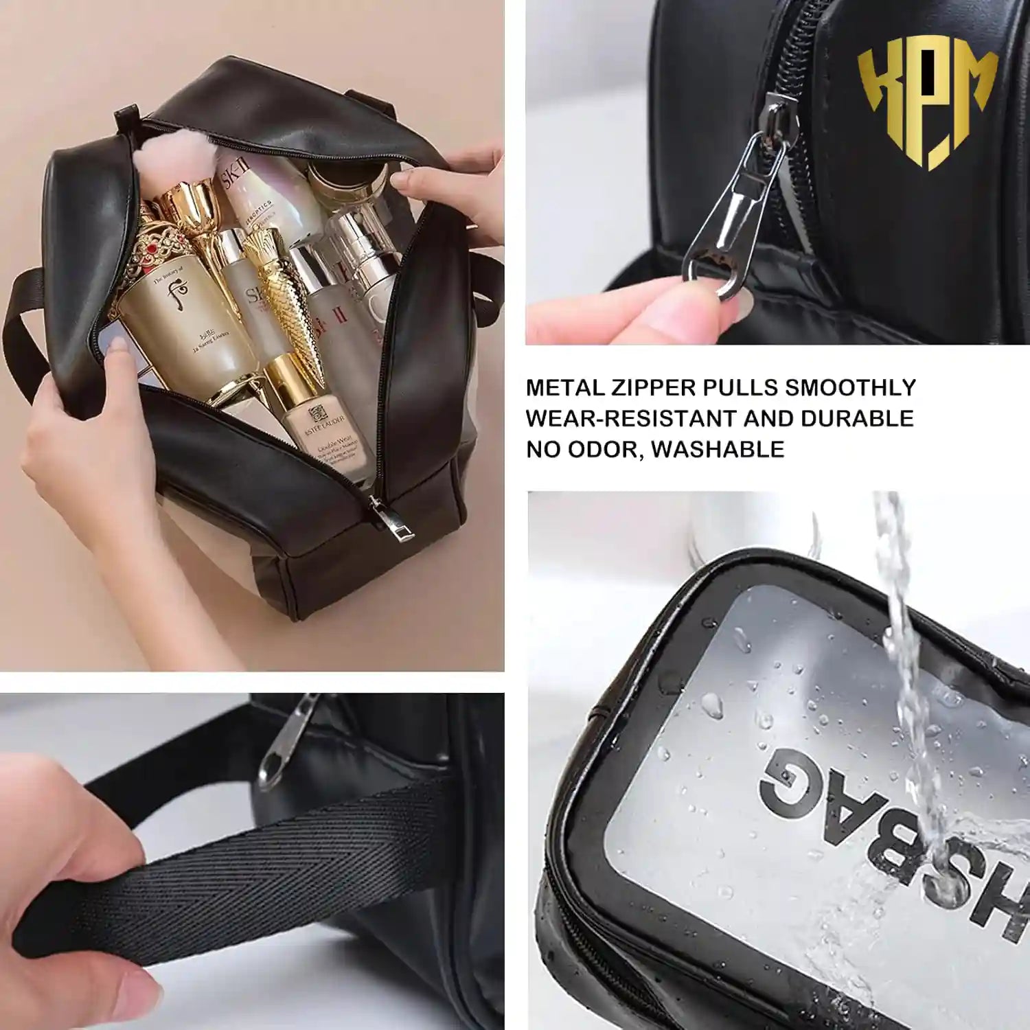 KPM WORLD™ black waterproof travel wash bag featuring premium metal zippers, durable carry handles, easy-clean transparent window, and spacious storage compartments.