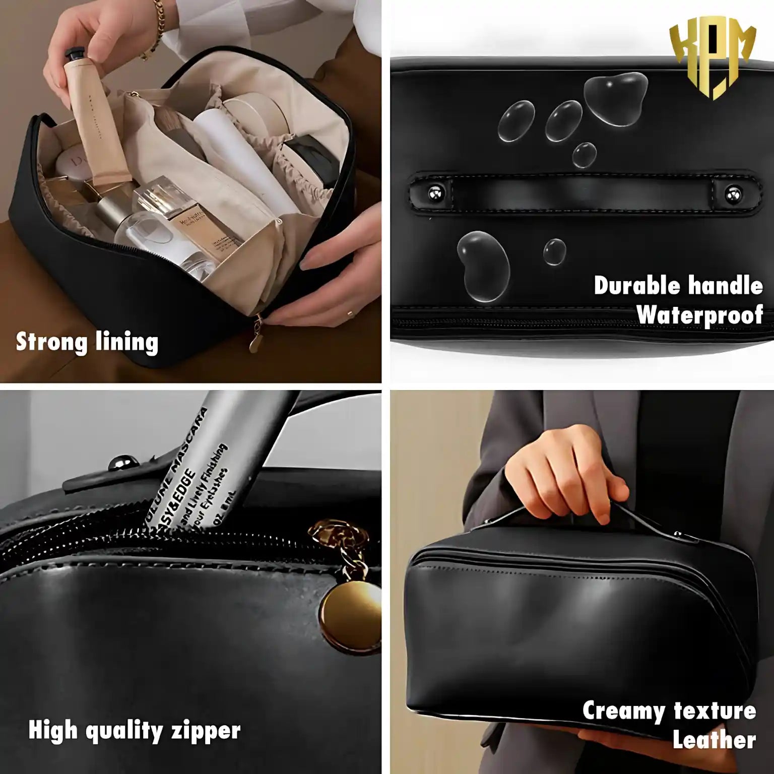 KPM WORLD™ waterproof black leather cosmetic bag featuring durable handle, premium zipper, strong inner lining, smooth PU leather finish, and spacious storage compartments.
