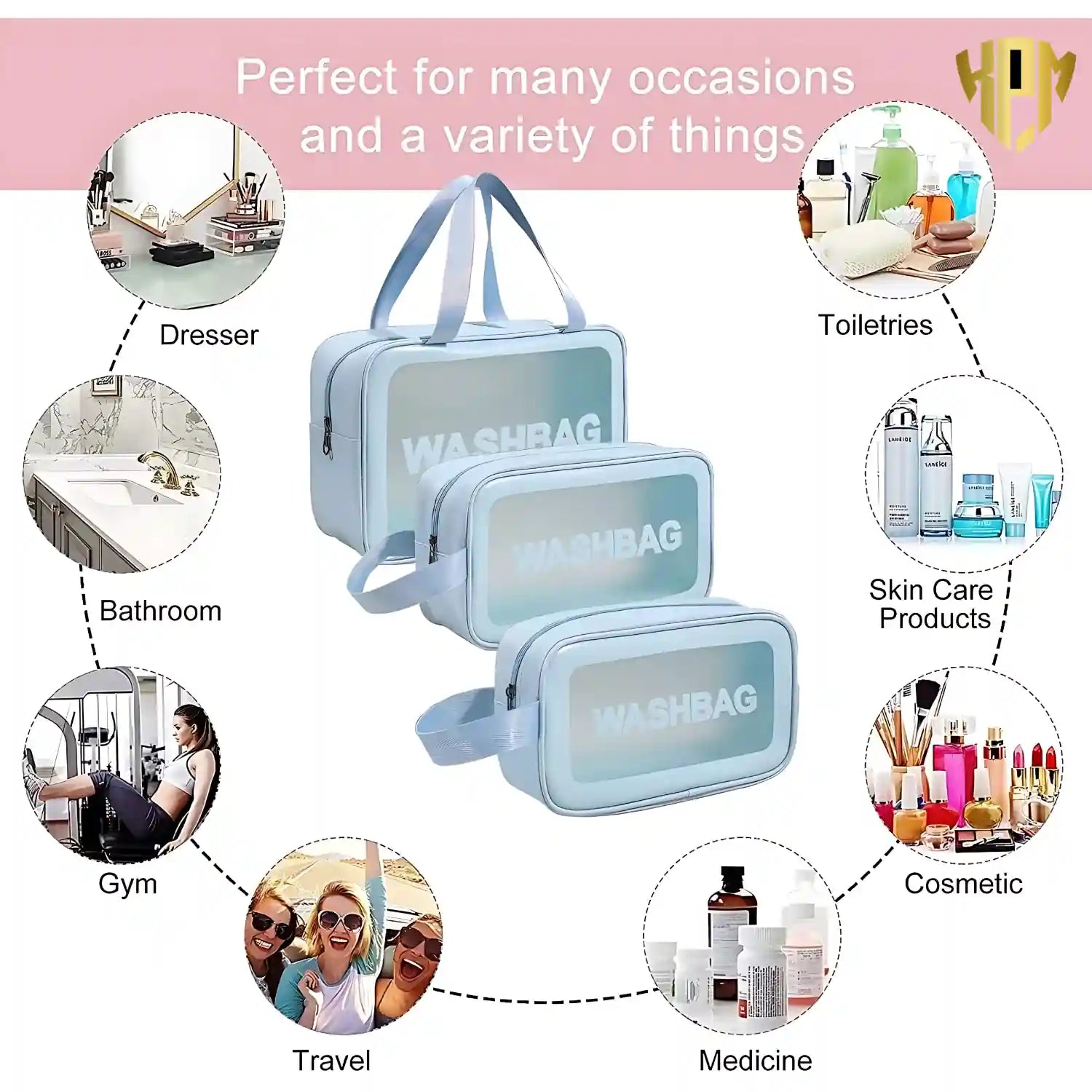KPM WORLD™ premium blue 3-piece wash bag set suitable for cosmetics, skincare, toiletries, medicines, bathroom essentials, gym accessories, and travel organization.
