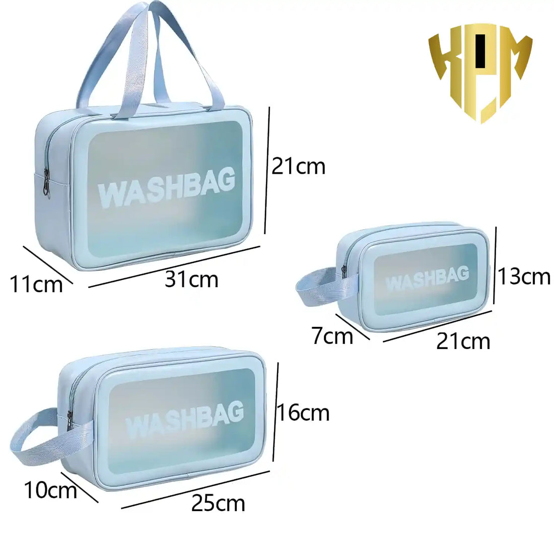 KPM WORLD™ premium blue 3-piece travel wash bag set with transparent PVC front panels, including large, medium, and small organizers for cosmetics, toiletries, and travel essentials.