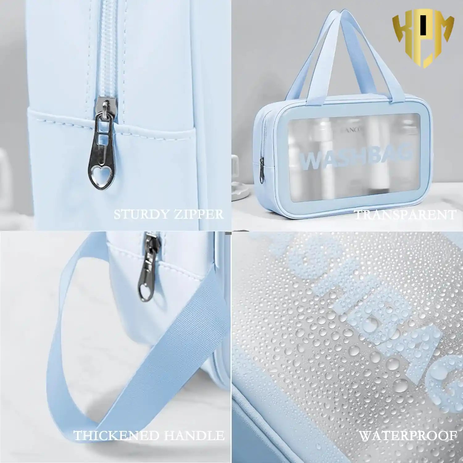 KPM WORLD™ blue travel wash bag featuring a smooth metal zipper, reinforced carry handle, transparent PVC front panel, and waterproof premium construction.