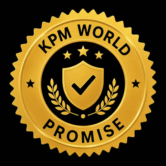 KPM WORLD™ Promise badge representing trusted quality, premium standards, and commitment to delivering reliable everyday essentials.