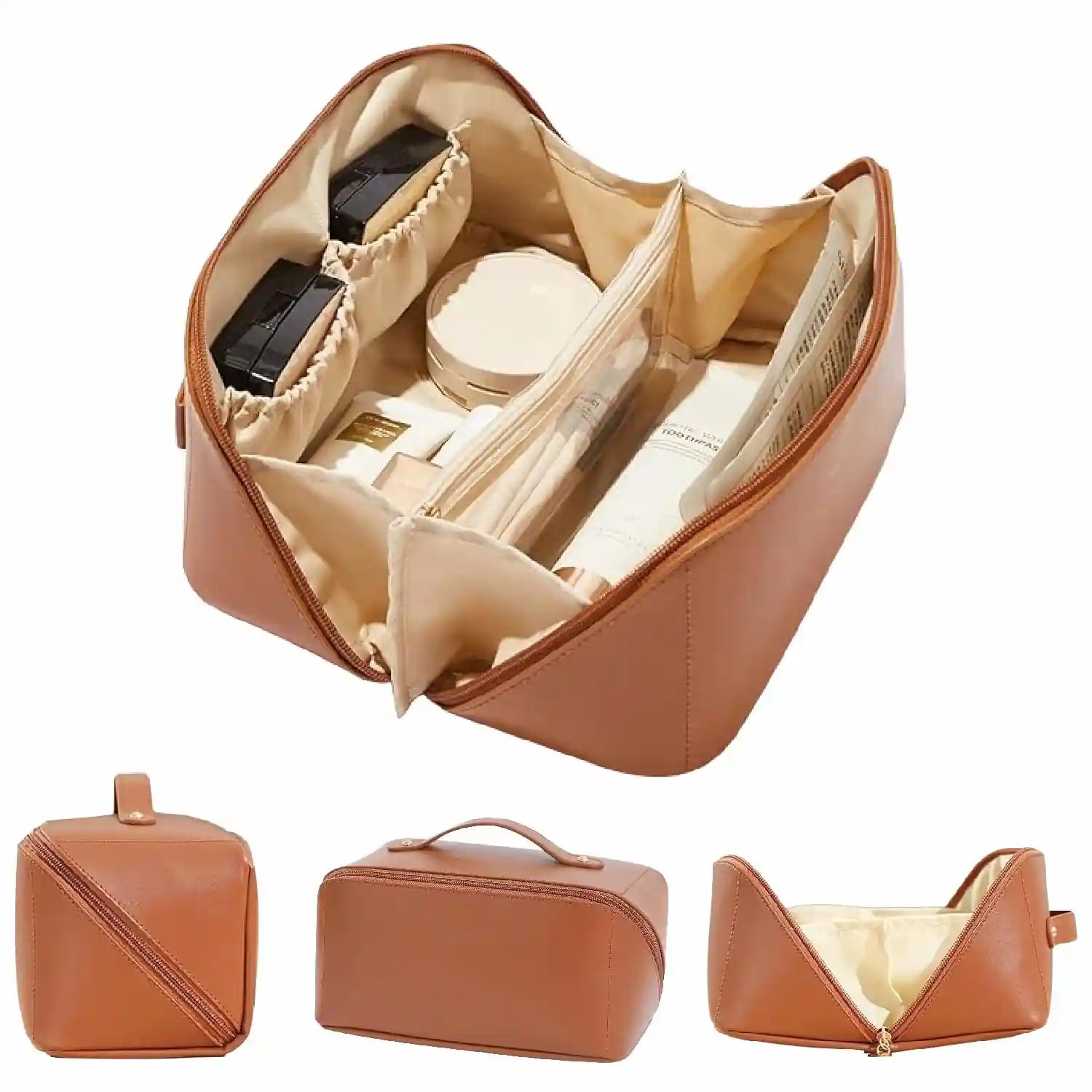 KPM WORLD™ premium brown PU leather cosmetic bag displayed from multiple angles with spacious interior, organized compartments, top handle, and smooth zipper closure.