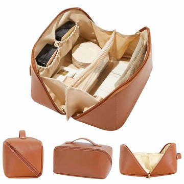 KPM WORLD™ premium brown PU leather cosmetic bag displayed from multiple angles with spacious interior, organized compartments, top handle, and smooth zipper closure.