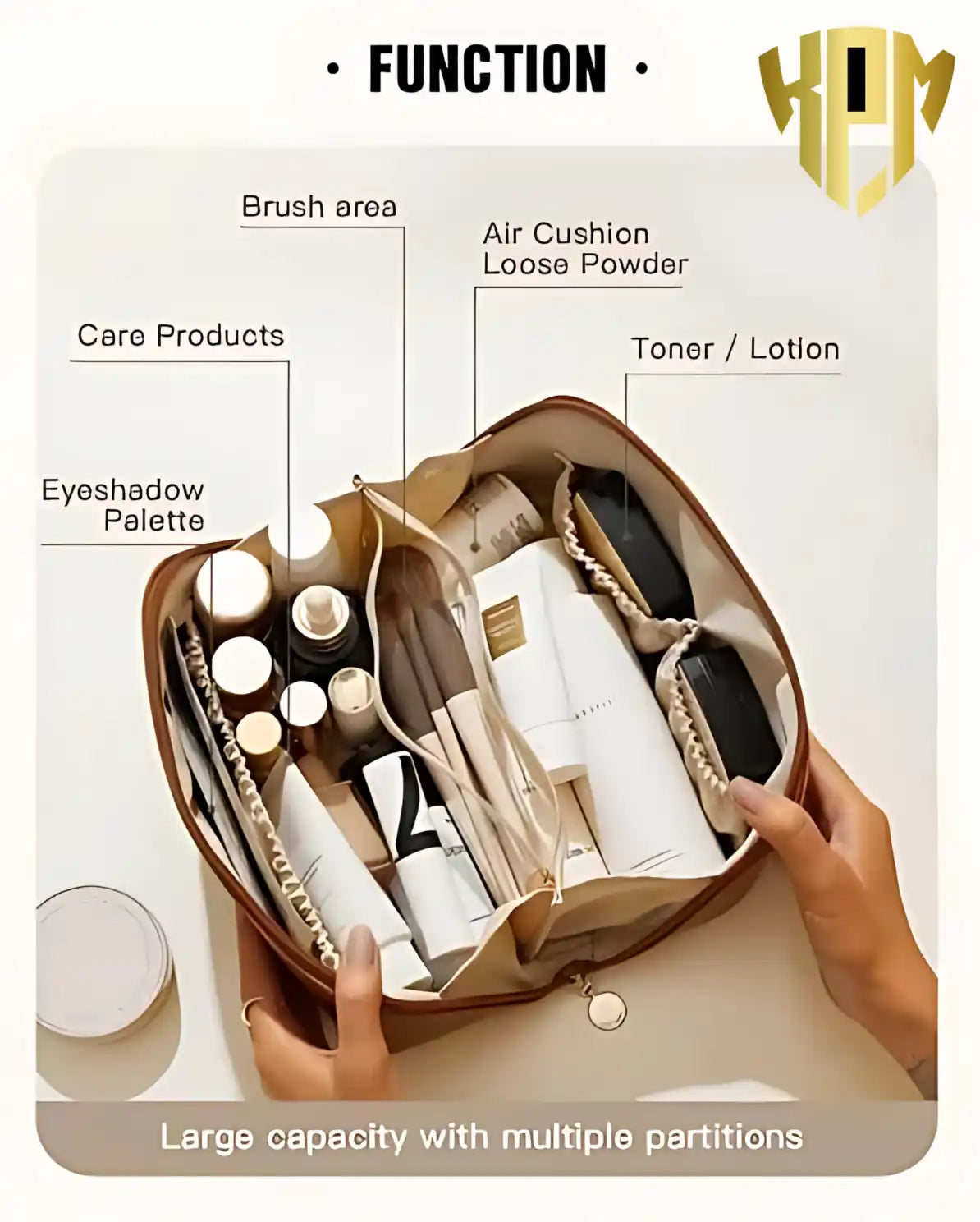KPM WORLD™ large-capacity brown leather cosmetic organizer with multiple compartments, brush holder, center zipper pocket, and dedicated storage for skincare and makeup essentials.