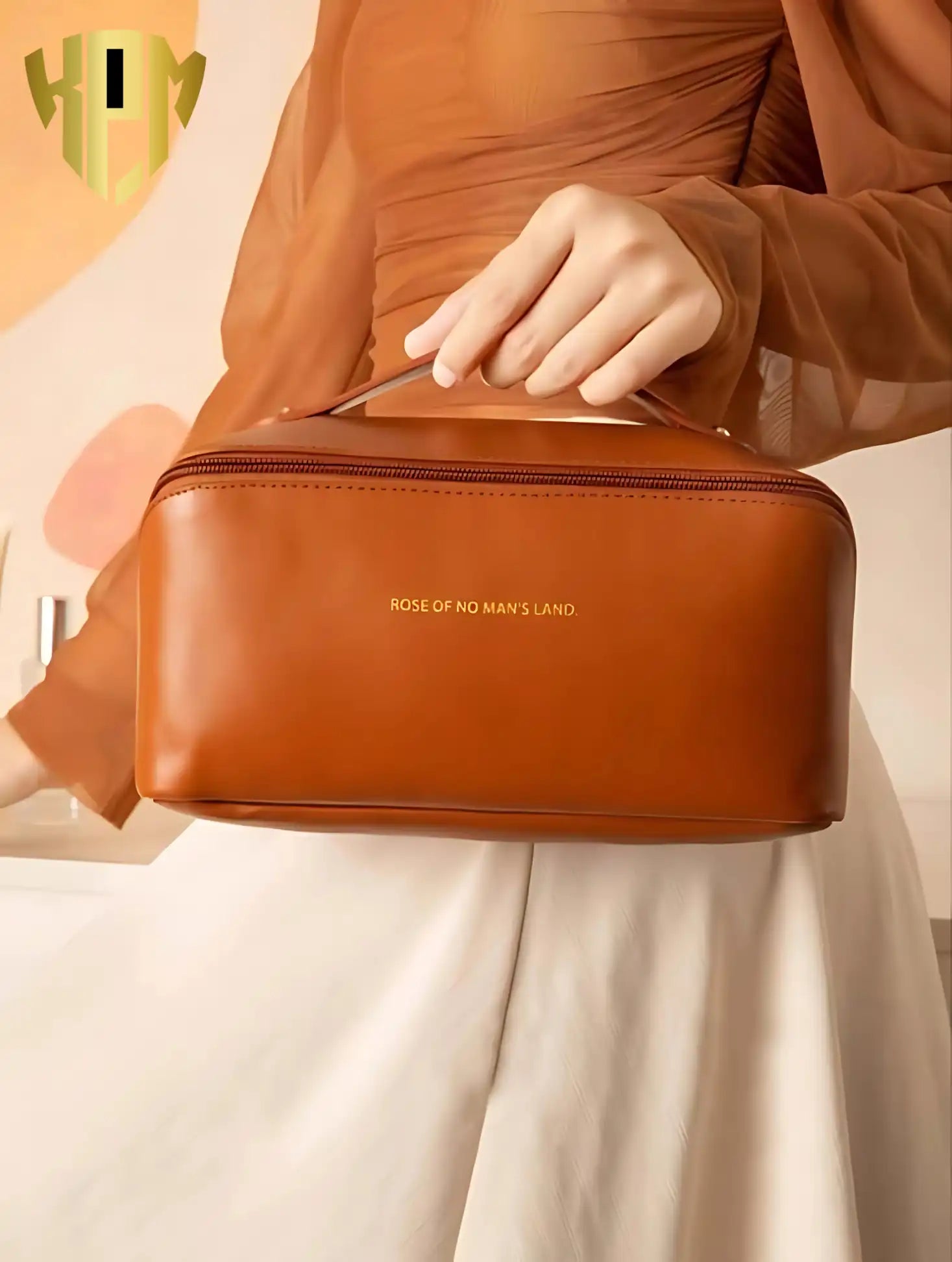 KPM WORLD™ elegant brown leather cosmetic travel bag with ergonomic carrying handle, spacious rectangular design, and premium PU leather finish for travel and daily use.