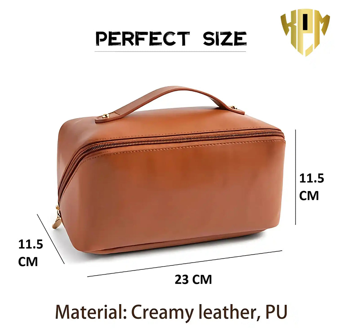 KPM WORLD™ premium brown PU leather cosmetic bag displayed from multiple angles with spacious interior, organized compartments, top handle, and smooth zipper closure.