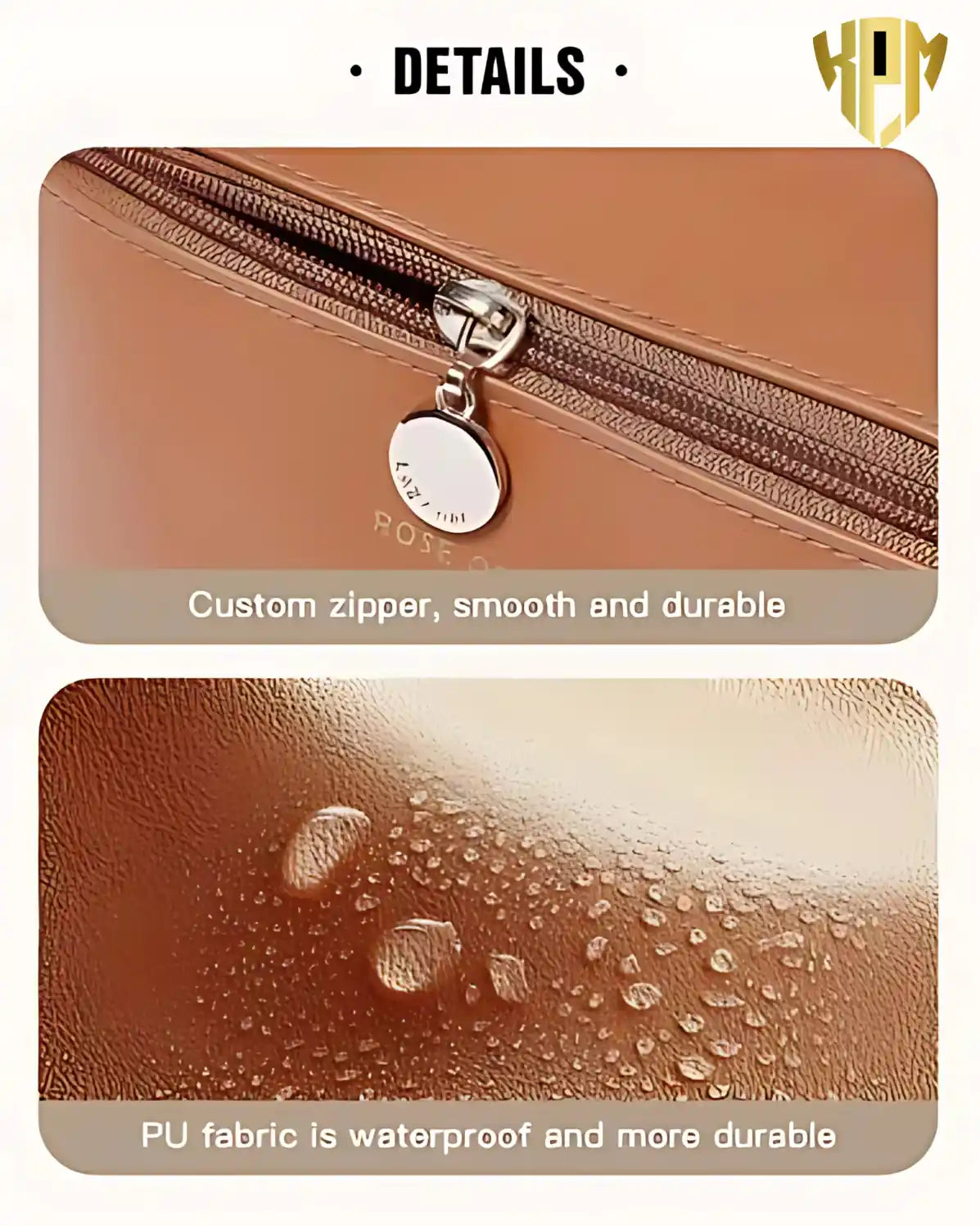 KPM WORLD™ premium brown PU leather cosmetic bag featuring a smooth metal zipper, durable pull tab, and waterproof exterior for long-lasting everyday travel use.