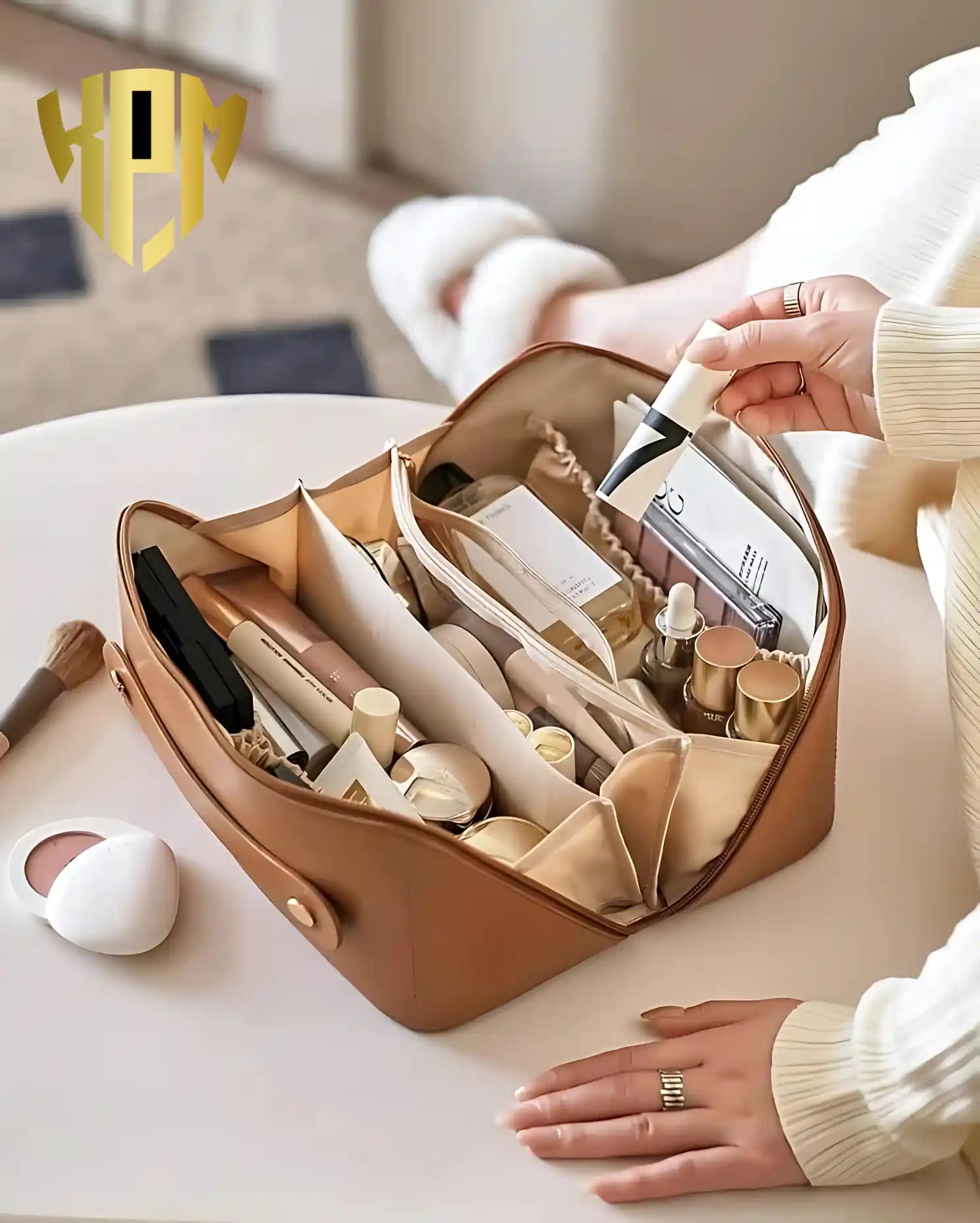 KPM WORLD™ brown leather makeup organizer featuring multiple compartments for cosmetics, skincare bottles, brushes, beauty tools, and daily essentials.