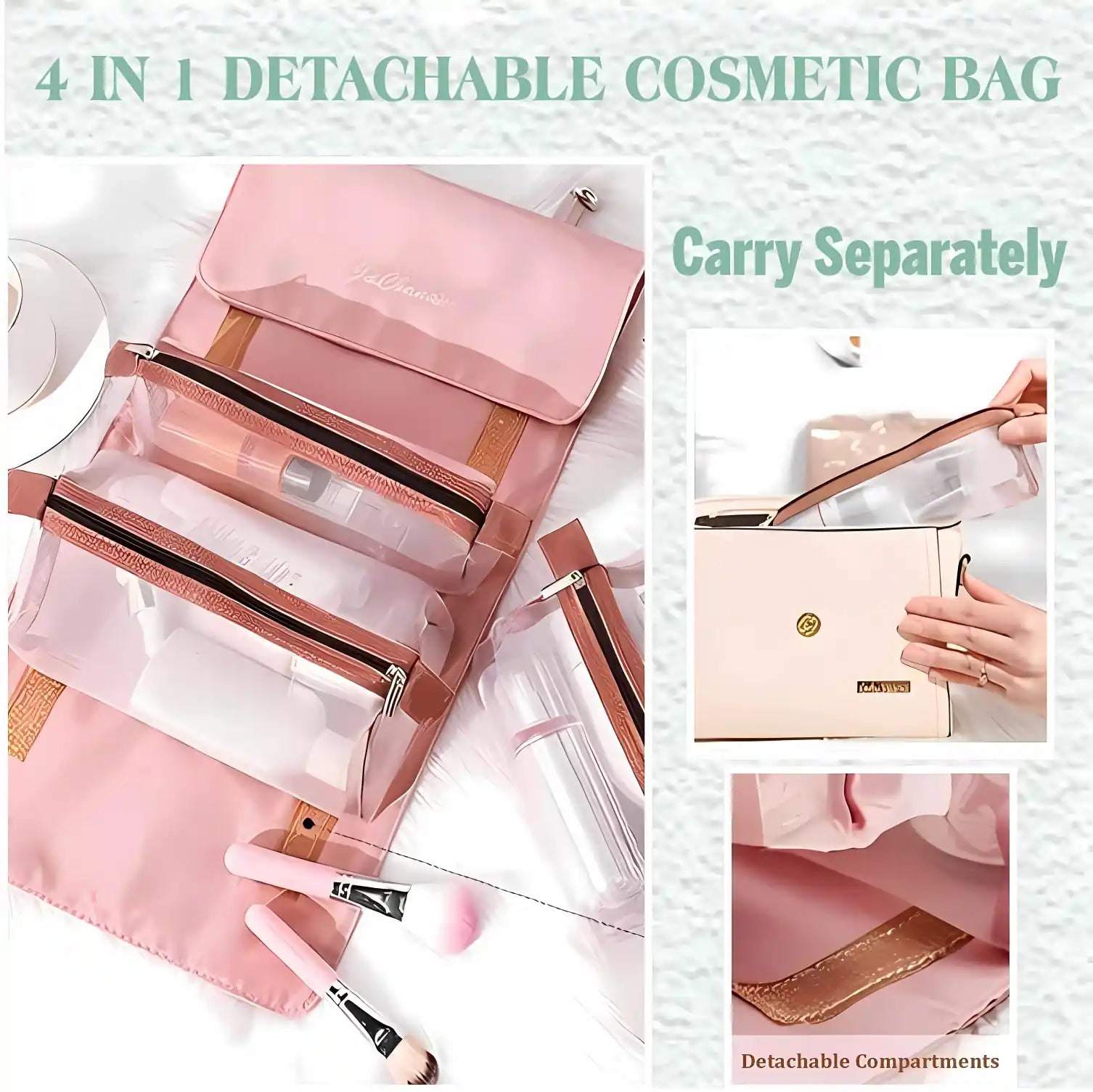 KPM WORLD™ 4-in-1 detachable hanging makeup organizer with separate transparent compartments for organized cosmetic storage and easy carrying.
