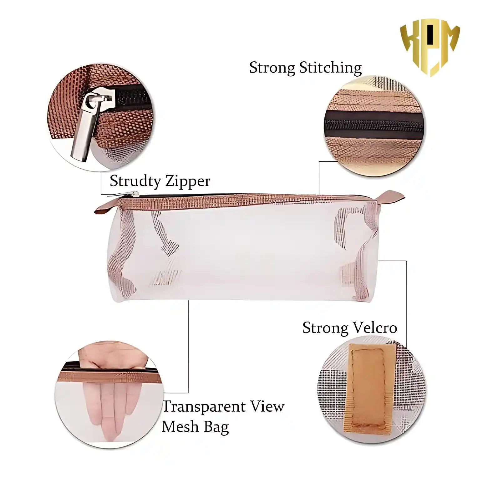 KPM WORLD™ detachable transparent mesh cosmetic pouch featuring smooth zipper, reinforced stitching, transparent design and secure hook-and-loop attachment.