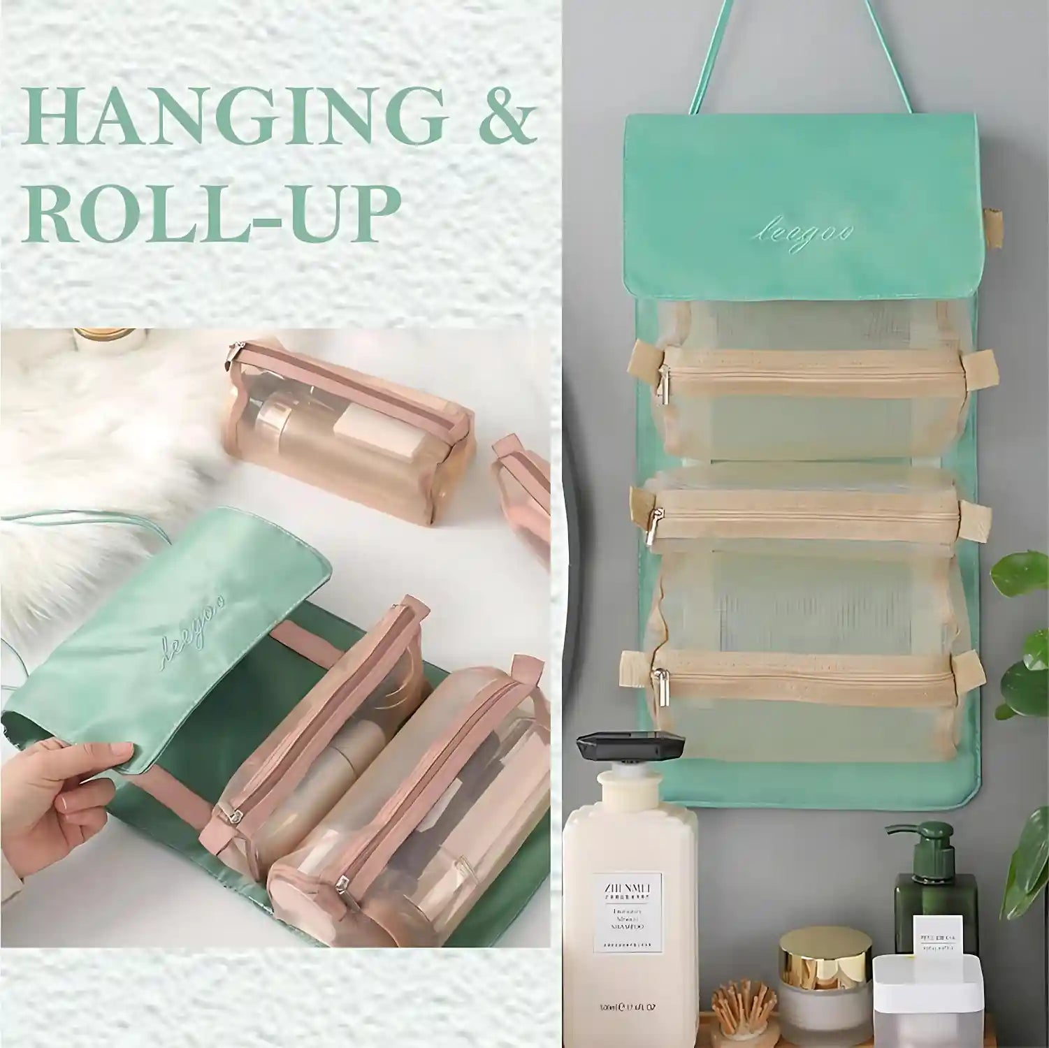 KPM WORLD™ hanging roll-up makeup organizer with detachable transparent compartments for convenient bathroom and travel storage.