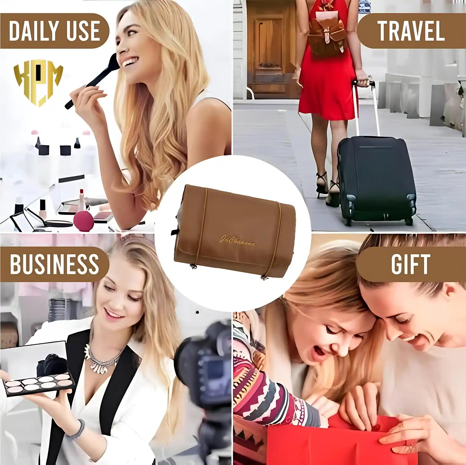 KPM WORLD™ premium khaki 4-in-1 hanging makeup organizer ideal for daily use, business trips, travel, and gifting.