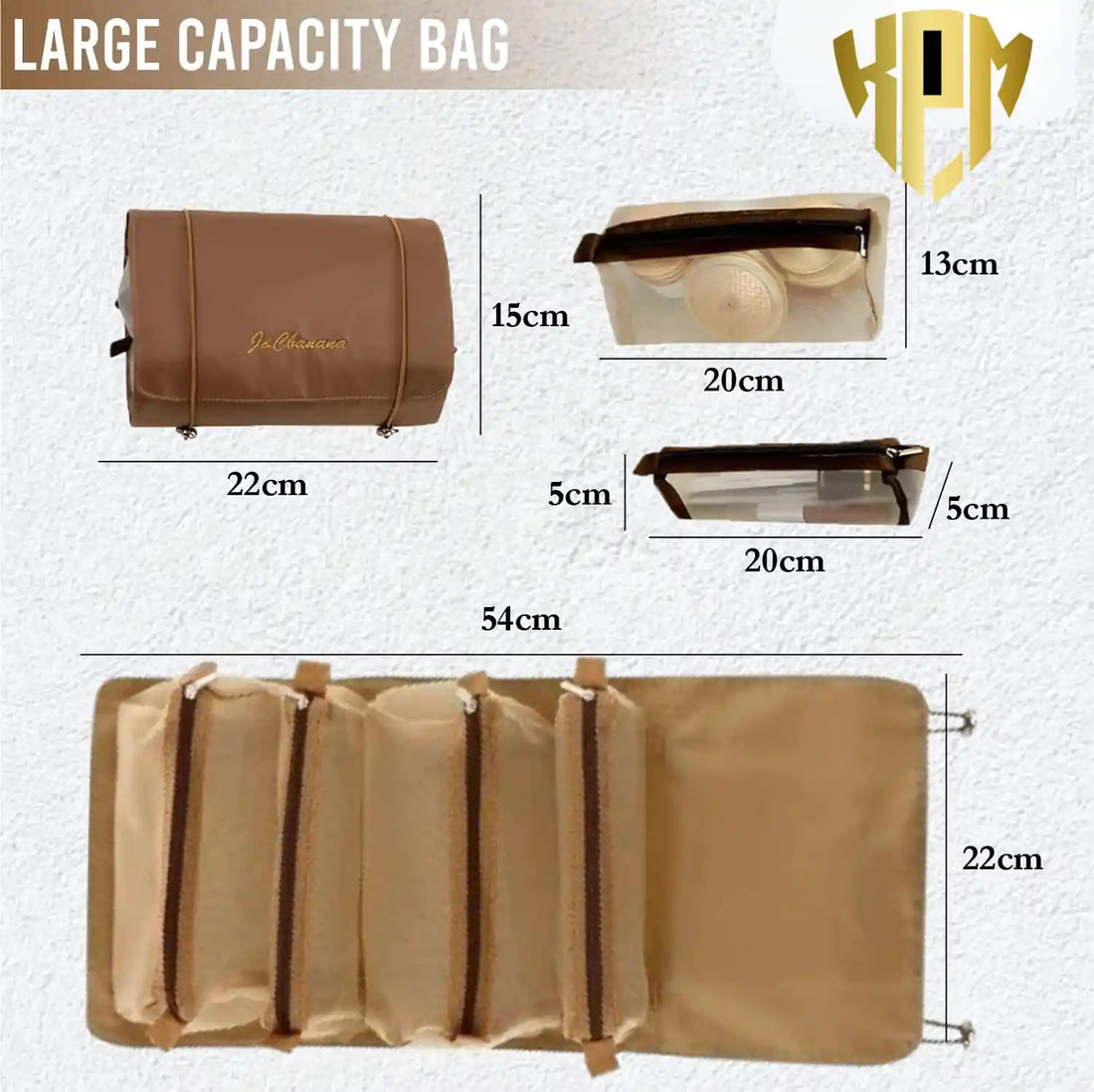 KPM WORLD™ premium khaki 4-in-1 hanging roll-up makeup organizer with detachable transparent compartments for travel and daily organization.