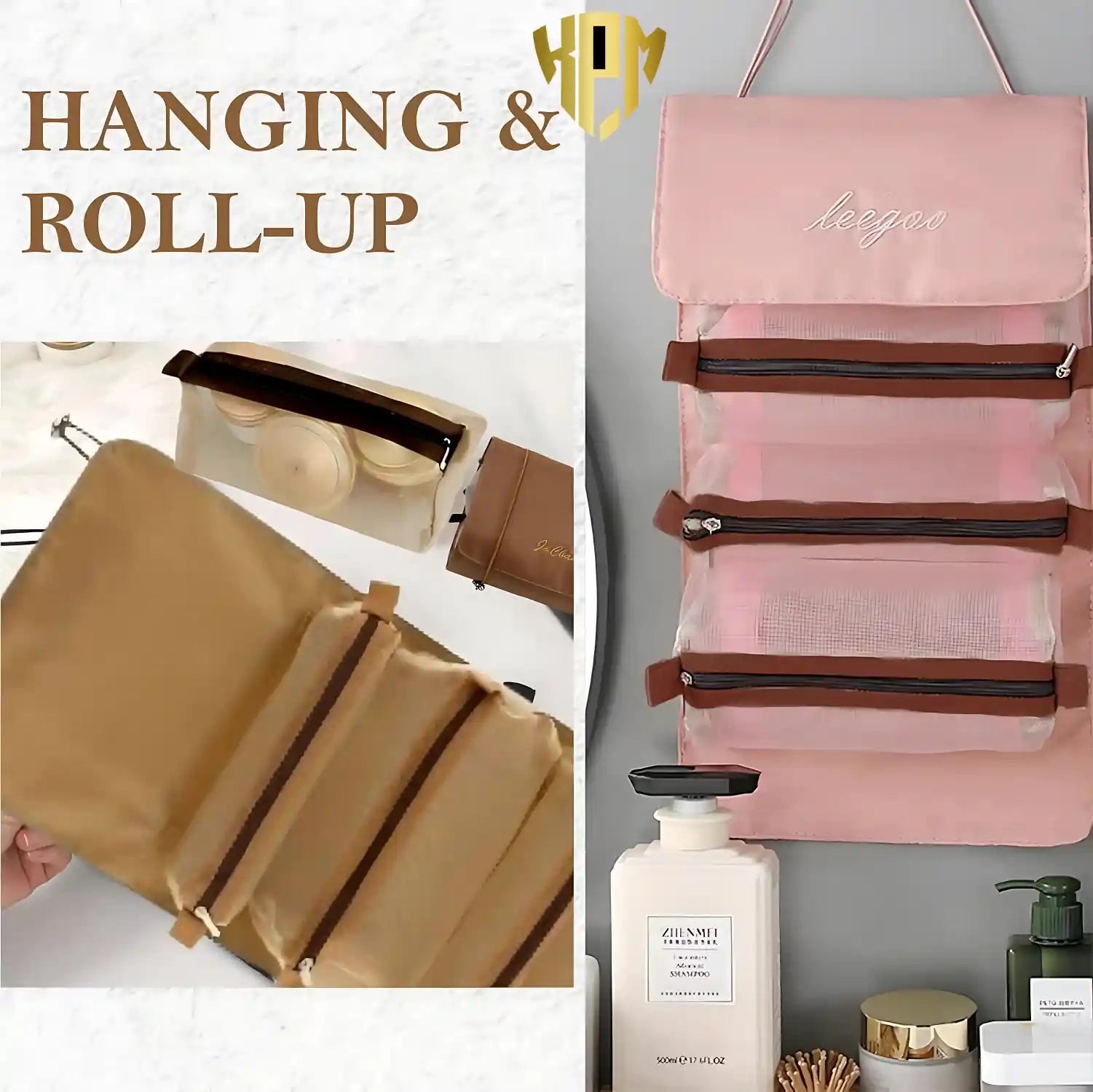 KPM WORLD™ khaki hanging roll-up cosmetic organizer with detachable transparent storage pouches for easy access and space-saving organization.
