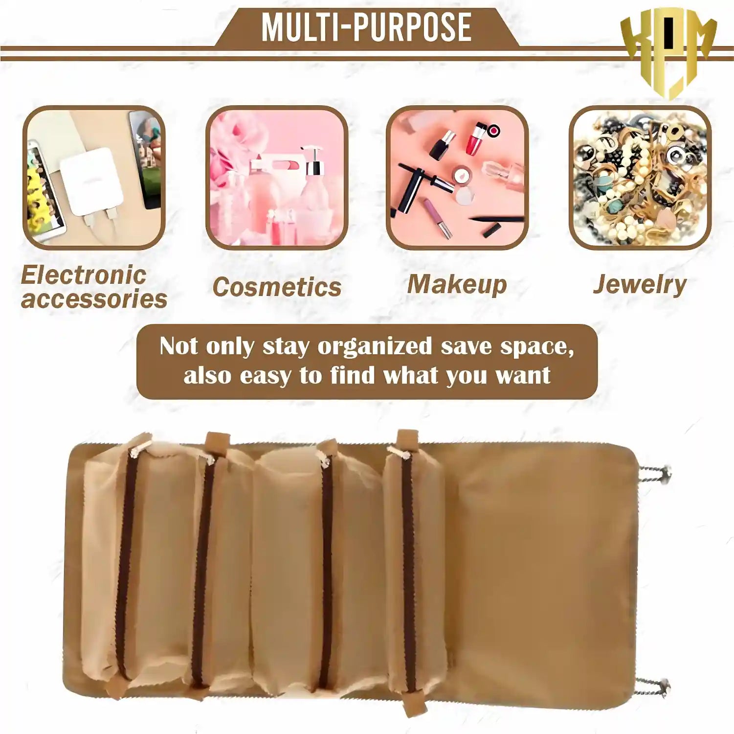 KPM WORLD™ khaki 4-in-1 hanging roll-up organizer ideal for cosmetics, makeup, jewellery and electronic accessories with detachable storage compartments.