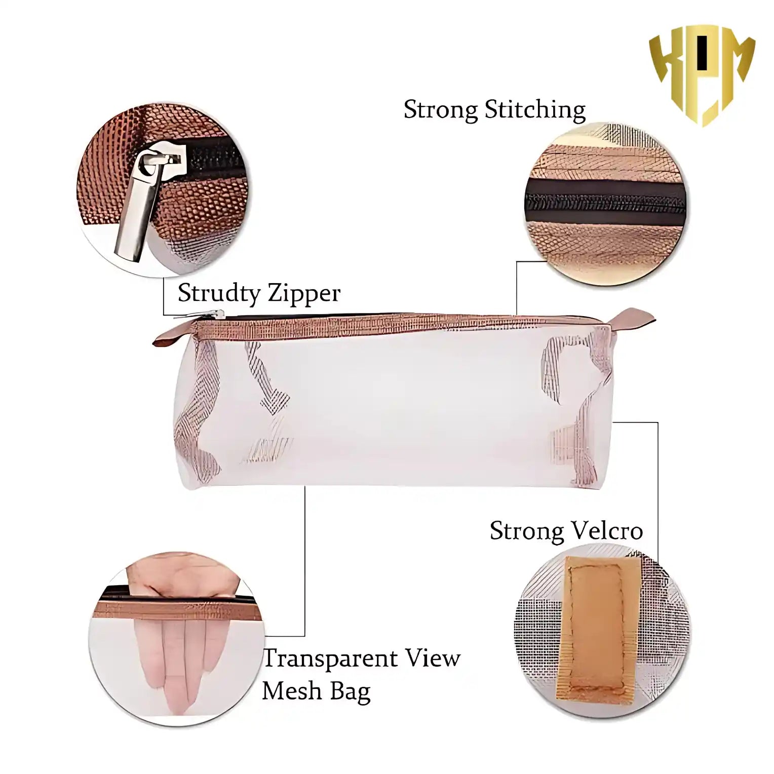 KPM WORLD™ detachable transparent mesh pouch featuring sturdy zipper, reinforced stitching, strong hook-and-loop fastener, and clear visibility.