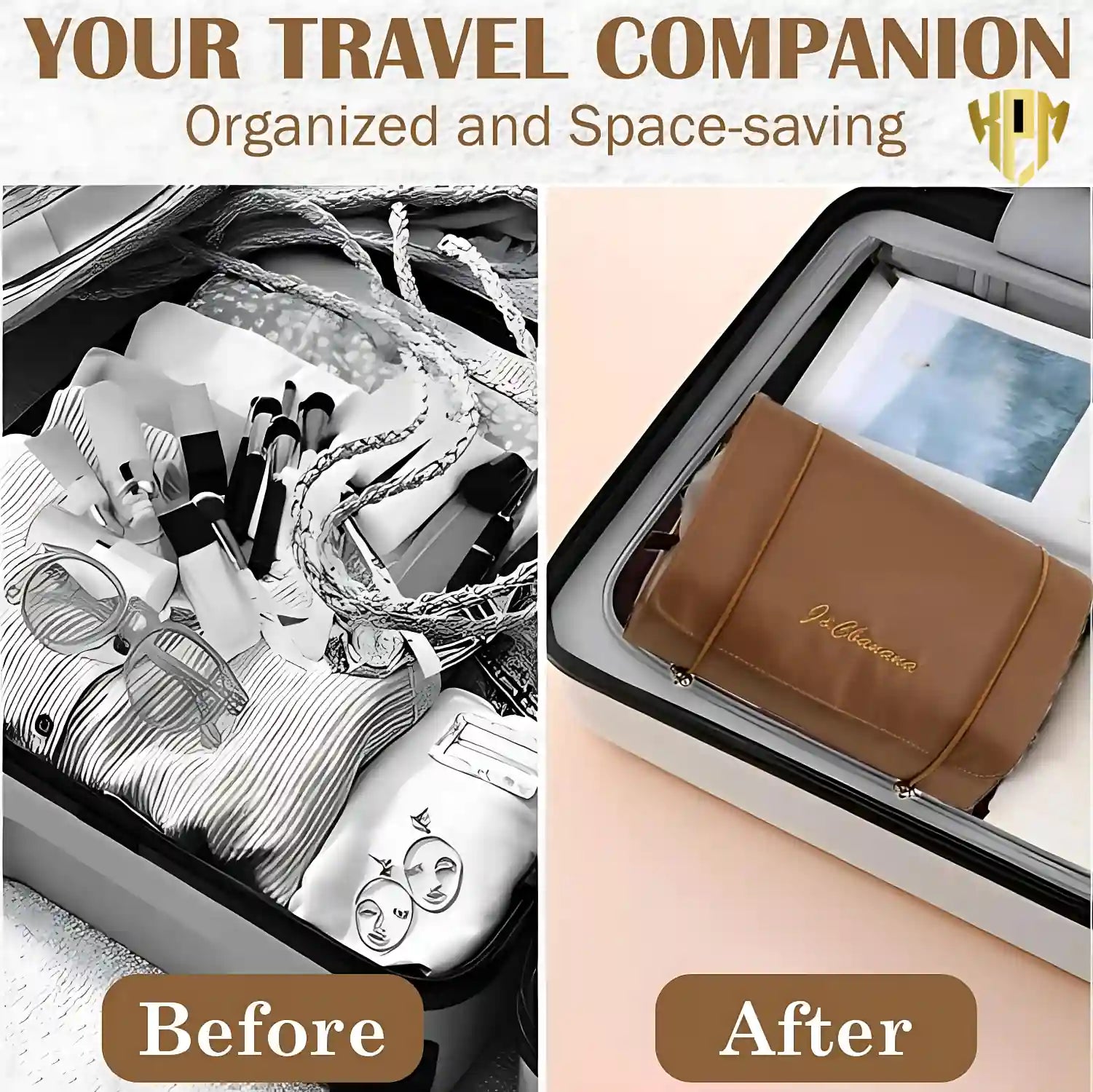KPM WORLD™ khaki hanging makeup organizer showing before and after suitcase organization for efficient space-saving travel.