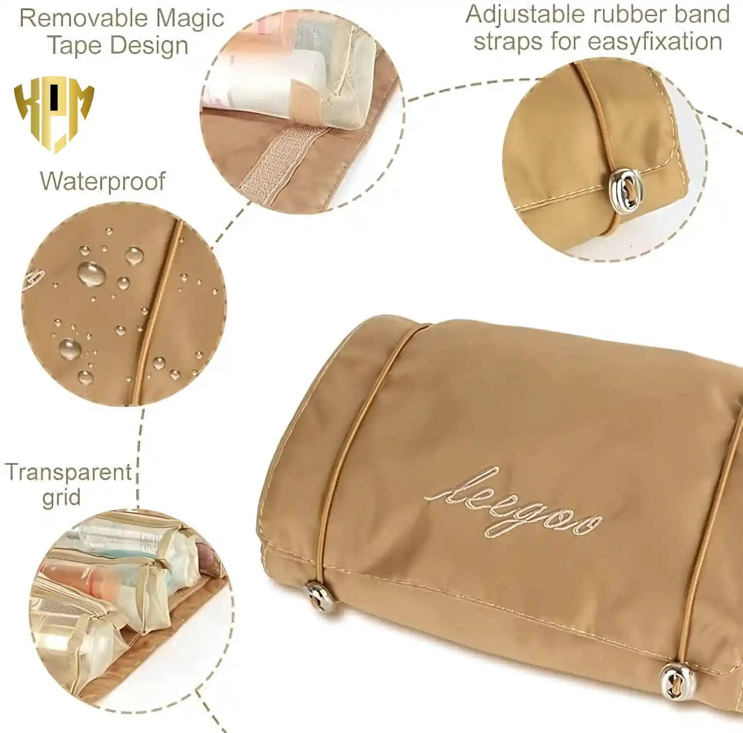 KPM WORLD™ khaki waterproof hanging makeup organizer featuring adjustable elastic straps, hook-and-loop attachment and transparent mesh compartments.