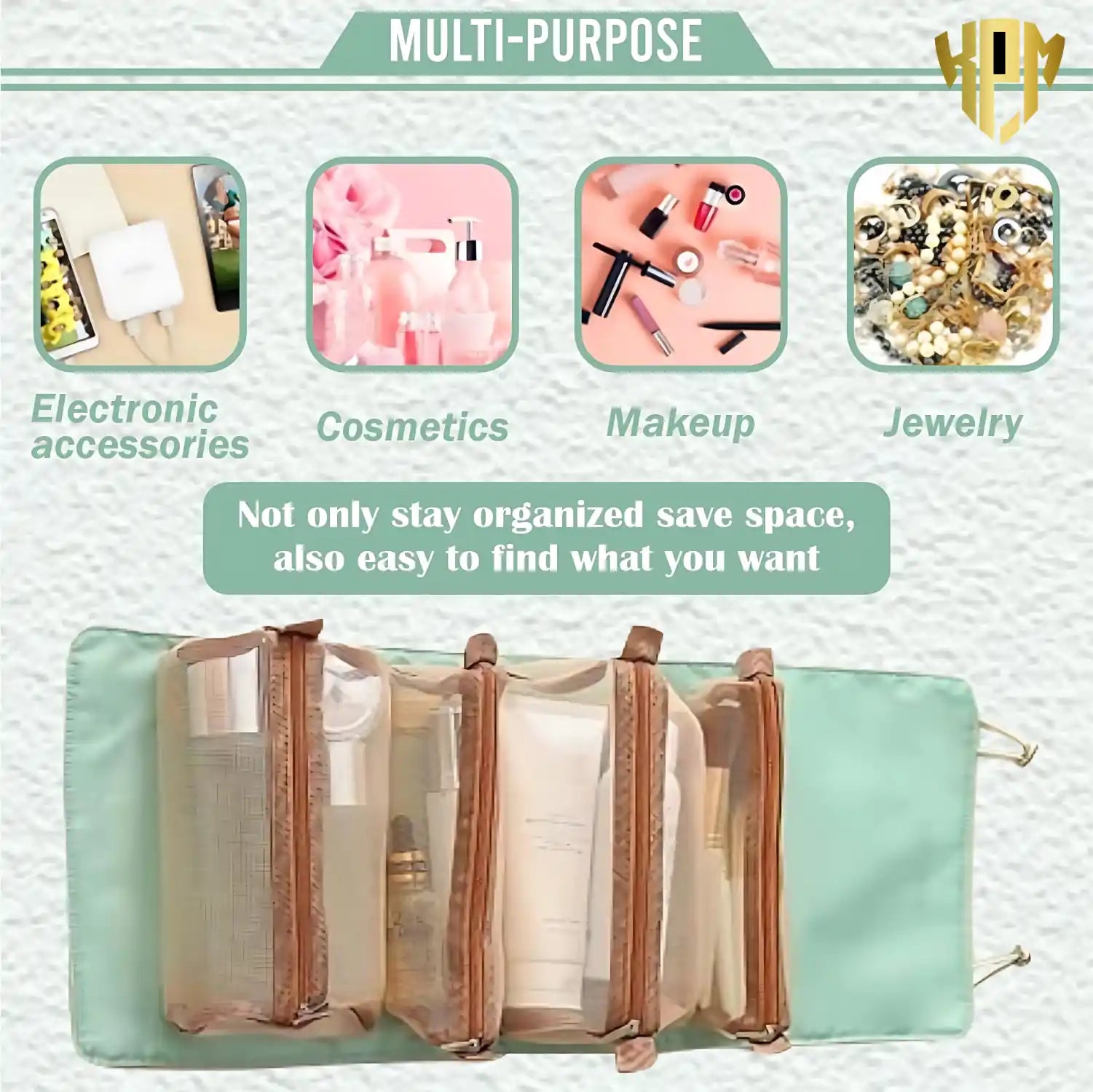 KPM WORLD™ 4-in-1 hanging roll-up organizer for cosmetics, makeup, jewellery and electronic accessories with detachable transparent compartments.