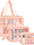 KPM WORLD™ premium pink 3-piece travel wash bag set with transparent PVC front panels, including large, medium, and small organizers for cosmetics, toiletries, and travel essentials.