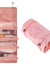 KPM WORLD™ pink 4-in-1 hanging travel organizer displayed folded and fully opened with four detachable transparent mesh storage compartments.