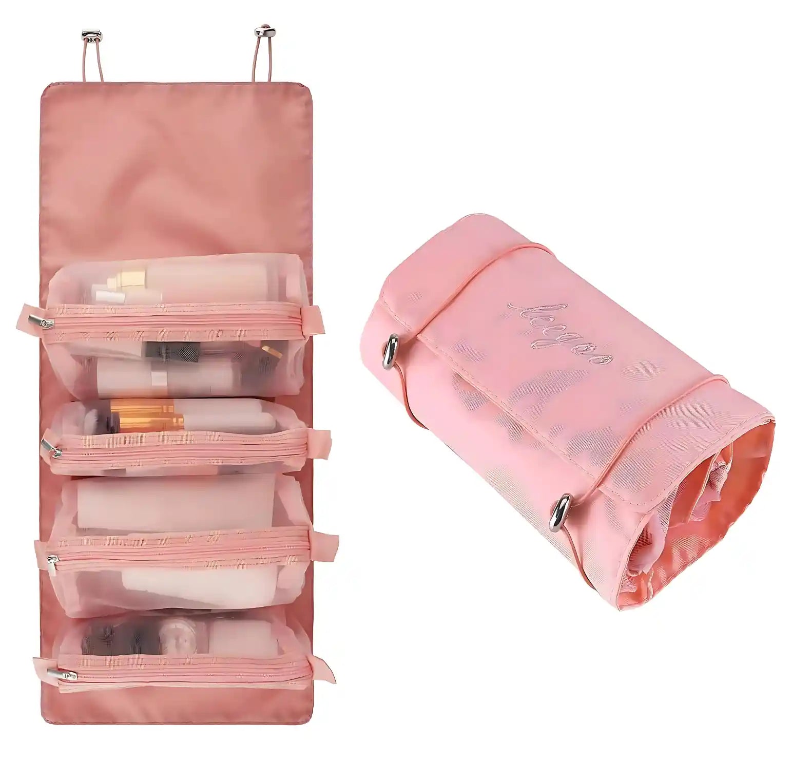 KPM WORLD™ pink 4-in-1 hanging travel organizer displayed folded and fully opened with four detachable transparent mesh storage compartments.