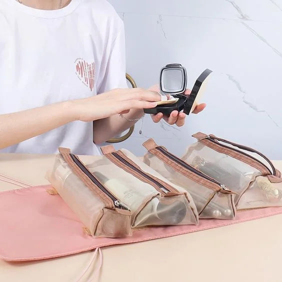 KPM WORLD™ premium pink 4-in-1 travel cosmetic bag with removable transparent organizer pouches, designed for neatly organizing makeup, skincare products, toiletries, and travel essentials.shop_this_look_EcLGgQ
