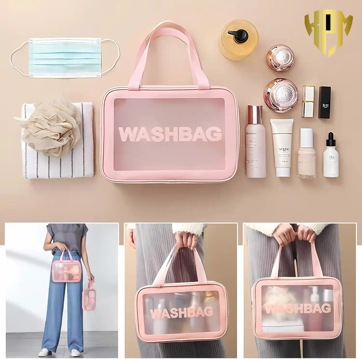 KPM WORLD™ pink travel wash bag displayed with skincare products, cosmetics, toiletries, towel, and personal care essentials in a flat-lay arrangement.