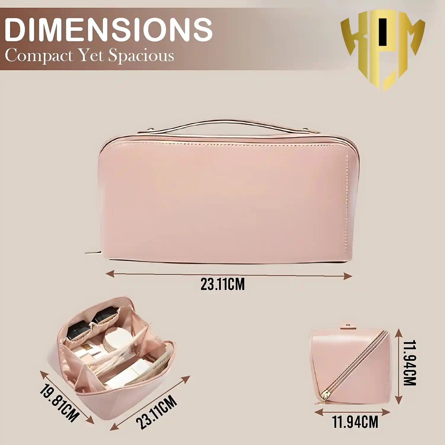 KPM WORLD™ pink leather cosmetic travel bag size guide showing compact dimensions of approximately 23 × 12 × 12 cm for organized daily and travel storage.