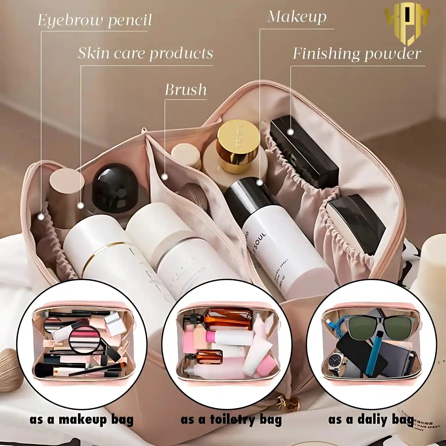 KPM WORLD™ multifunctional pink cosmetic organizer with dedicated compartments for makeup, skincare products, brushes, toiletries, and everyday travel essentials.