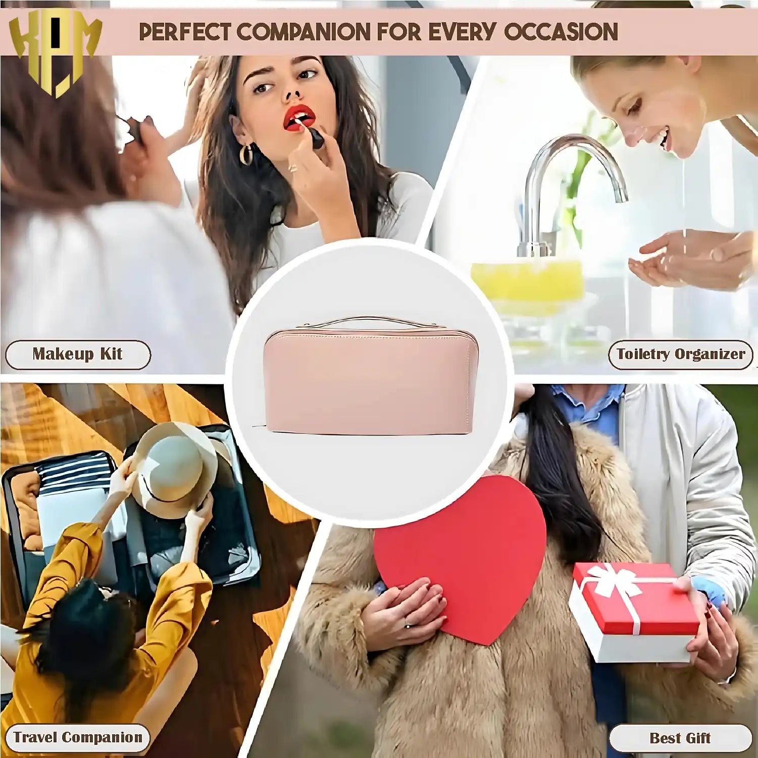 KPM WORLD™ versatile pink cosmetic organizer suitable as a makeup bag, toiletry bag, travel organizer, and premium gift for everyday and travel use.