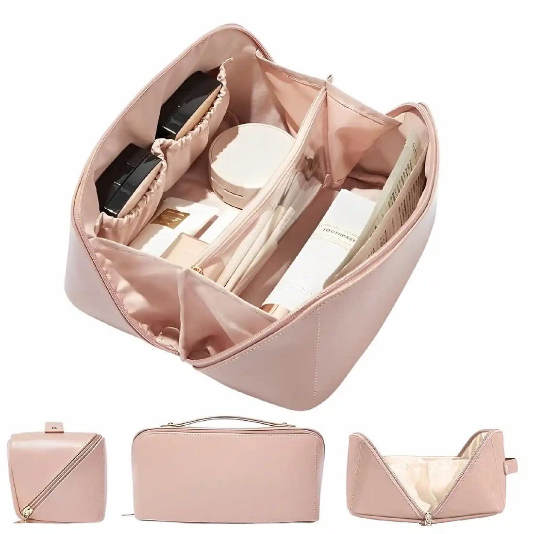 KPM WORLD™ premium pink PU leather cosmetic bag with spacious multi-compartment interior, brush organizer, zipper pocket, and dedicated sections for makeup and skincare essentials.