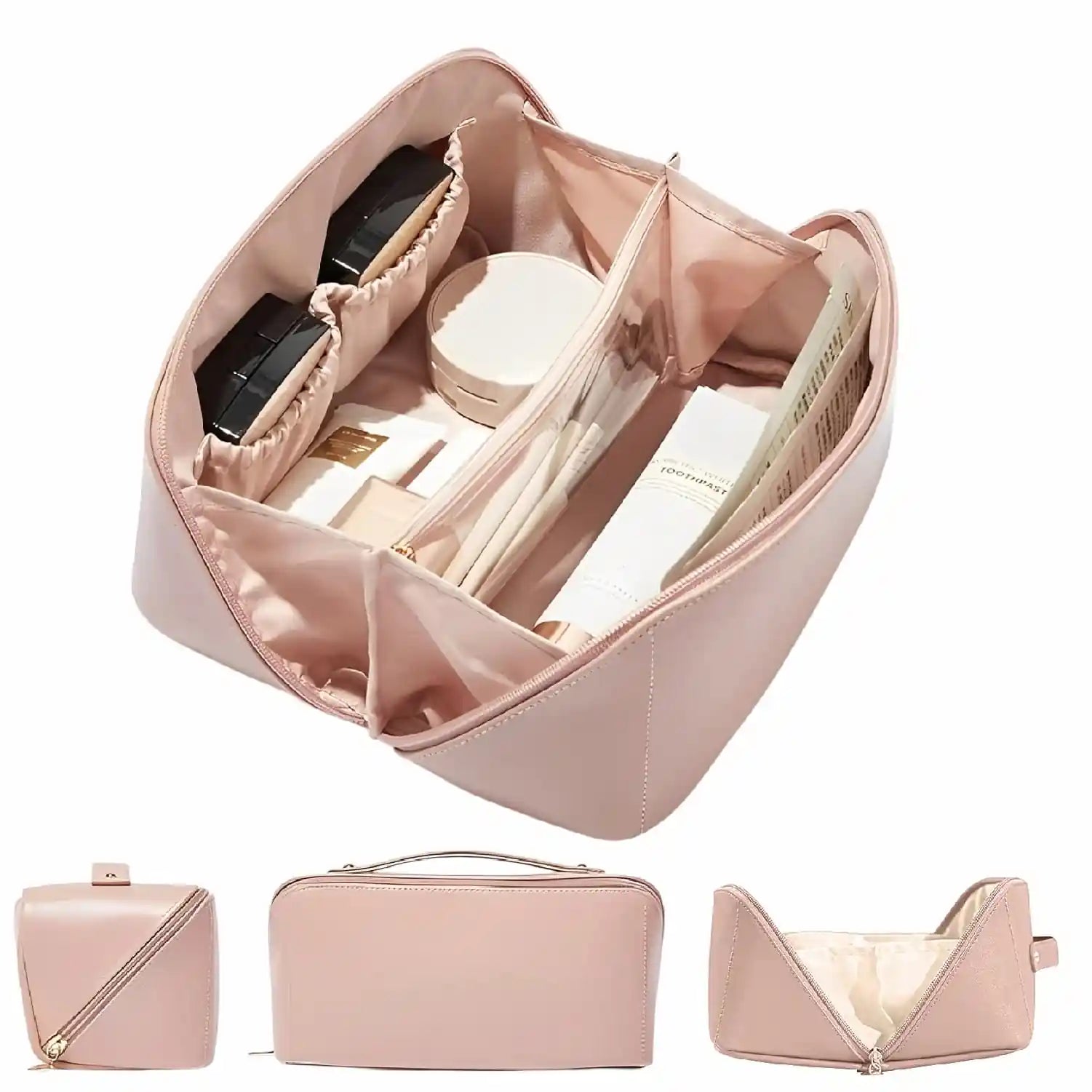 KPM WORLD™ premium pink PU leather cosmetic bag with spacious multi-compartment interior, brush organizer, zipper pocket, and dedicated sections for makeup and skincare essentials.